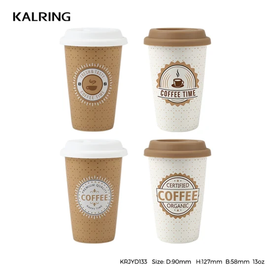 Kalring China Wholesale Travel Matt Glaze Brown Paper Color Coffee Design Silicone Cover 13oz Travel Mug