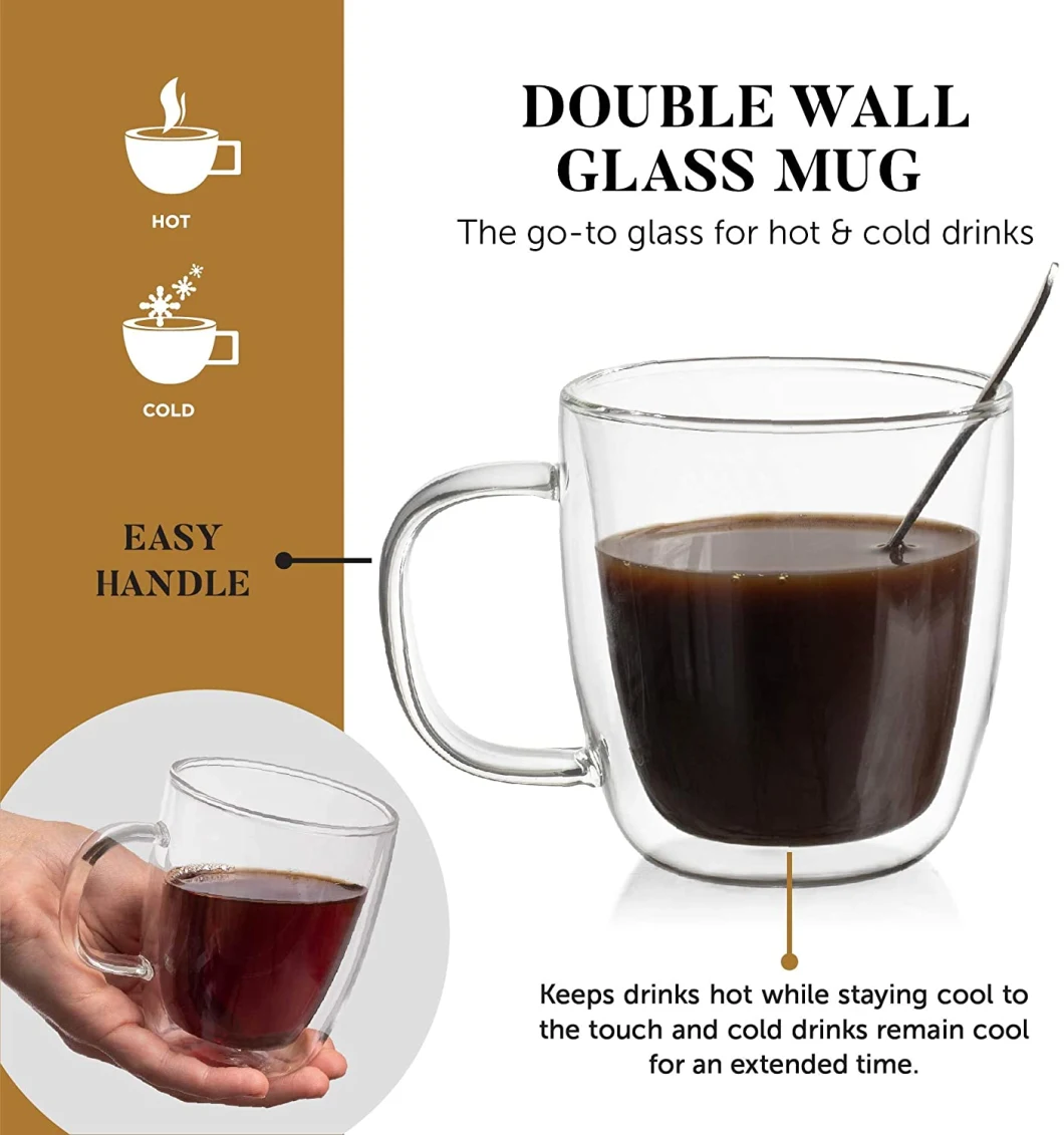 Wholesale 14 Oz 450ml Double Deck Lead-Free Glass Coffee Clear Espresso Mug for Hot and Cold Tea Lattes Coffee Beer Ice Water for Office Use