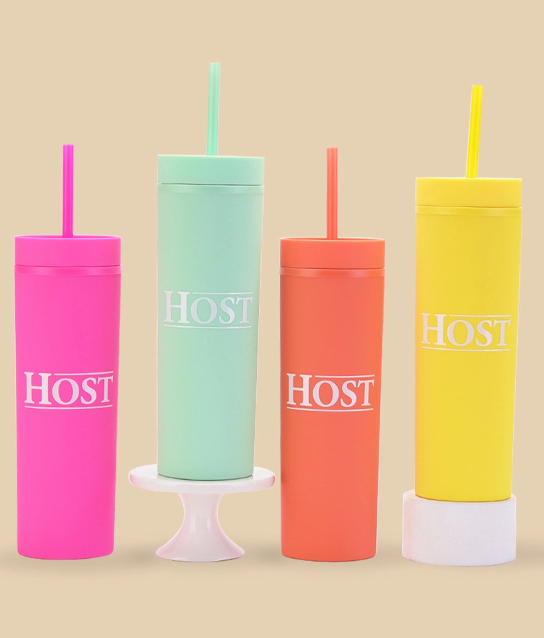 BPA Free Double Wall Insulated Reusable Plastic Cup Skinny Tumblers with Straw