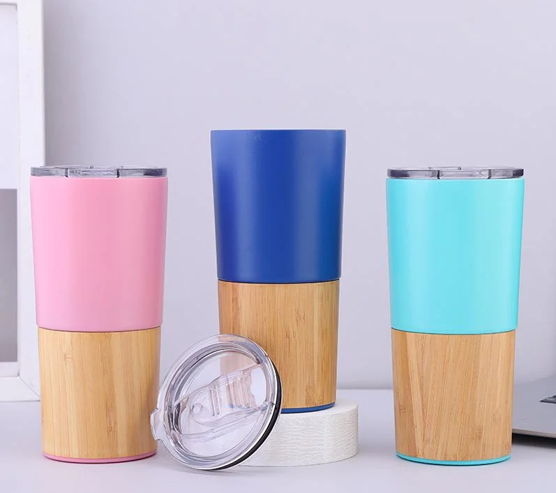 New Arrival Double Wall 18/8 Stainless Steel Insulated Coffee Cup Skinny Travel Tea Mug Handheld Bamboo Tumbler with Slide Lid