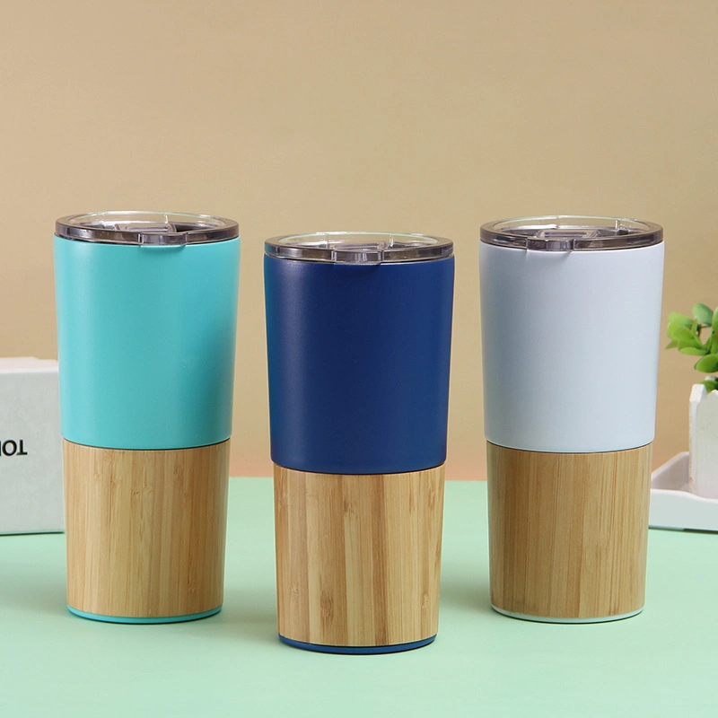 New Arrival Double Wall 18/8 Stainless Steel Insulated Coffee Cup Skinny Travel Tea Mug Handheld Bamboo Tumbler with Slide Lid