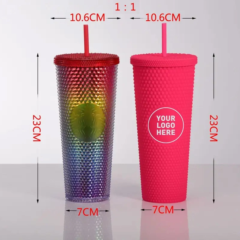 Coffee Mug Plastic Cup 710ml UV Colors Double Wall 24oz Studded Tumbler with Straw