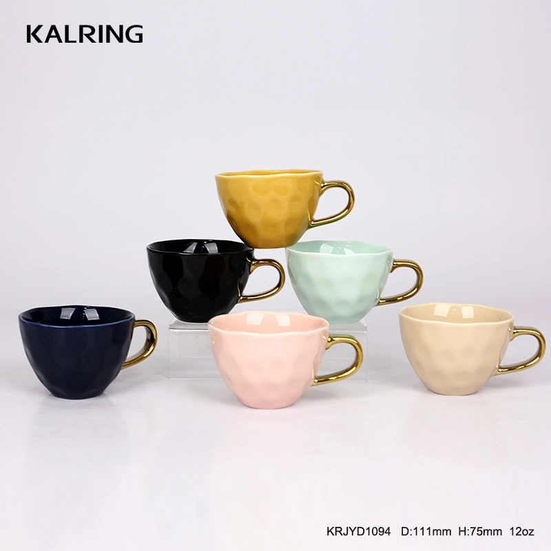 Kalring Color Glazed Gold Handle Wholesale/12oz/Electroplating /Embossed/New Bone China Material/Luxury Ceramic Mug for Daily Use Basic Customization