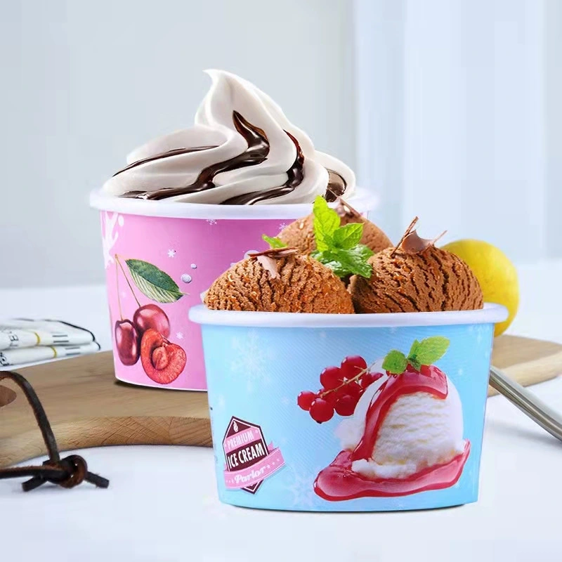 Eco-Friendly Print Plastic Free Ice Cream Paper Tub Cup Pint with Spoon Lid Leak Proof