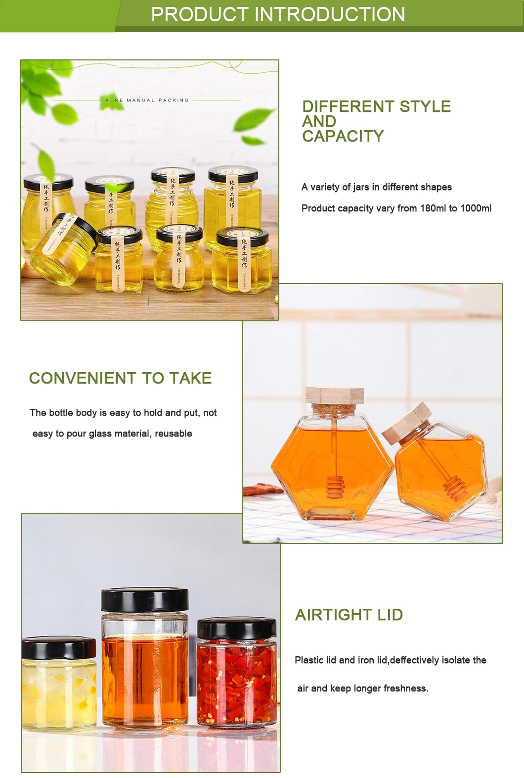 China Hexagon, Square, Round Glass Jar Manufacturer for Honey/Jam/Pickle/Coffee/Candle/Mason/Pudding/Yogurt/Tea//Grain/Pasta/Snack/Tea/Nuts/Kitchen Food Storage